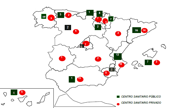 Mapa de España de la distribución de centros que han notificado I.V.E.s, según Comunidad Autónoma y dependencia patrimonial. España, 2023